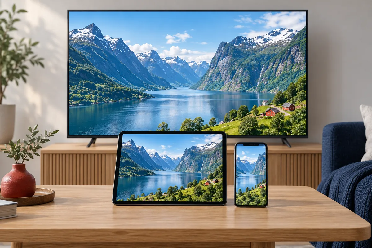 TV, nettbrett og mobil i et hjemmemiljø – illustrasjonsbilde