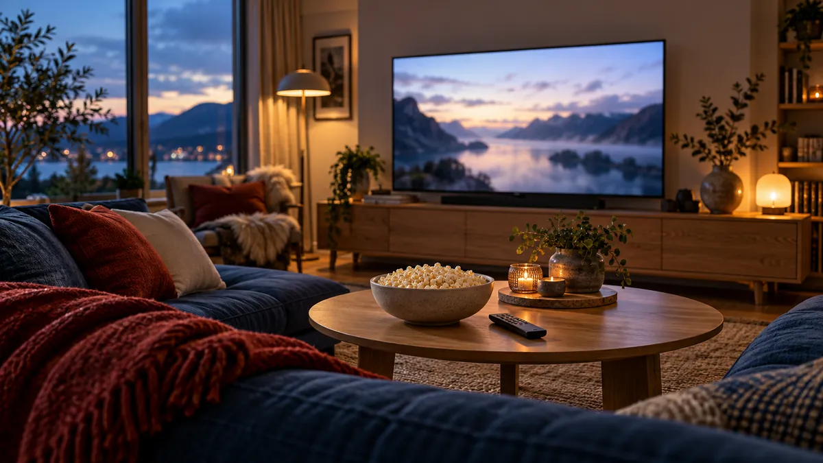 En rolig filmkveld hjemme – illustrasjonsbilde