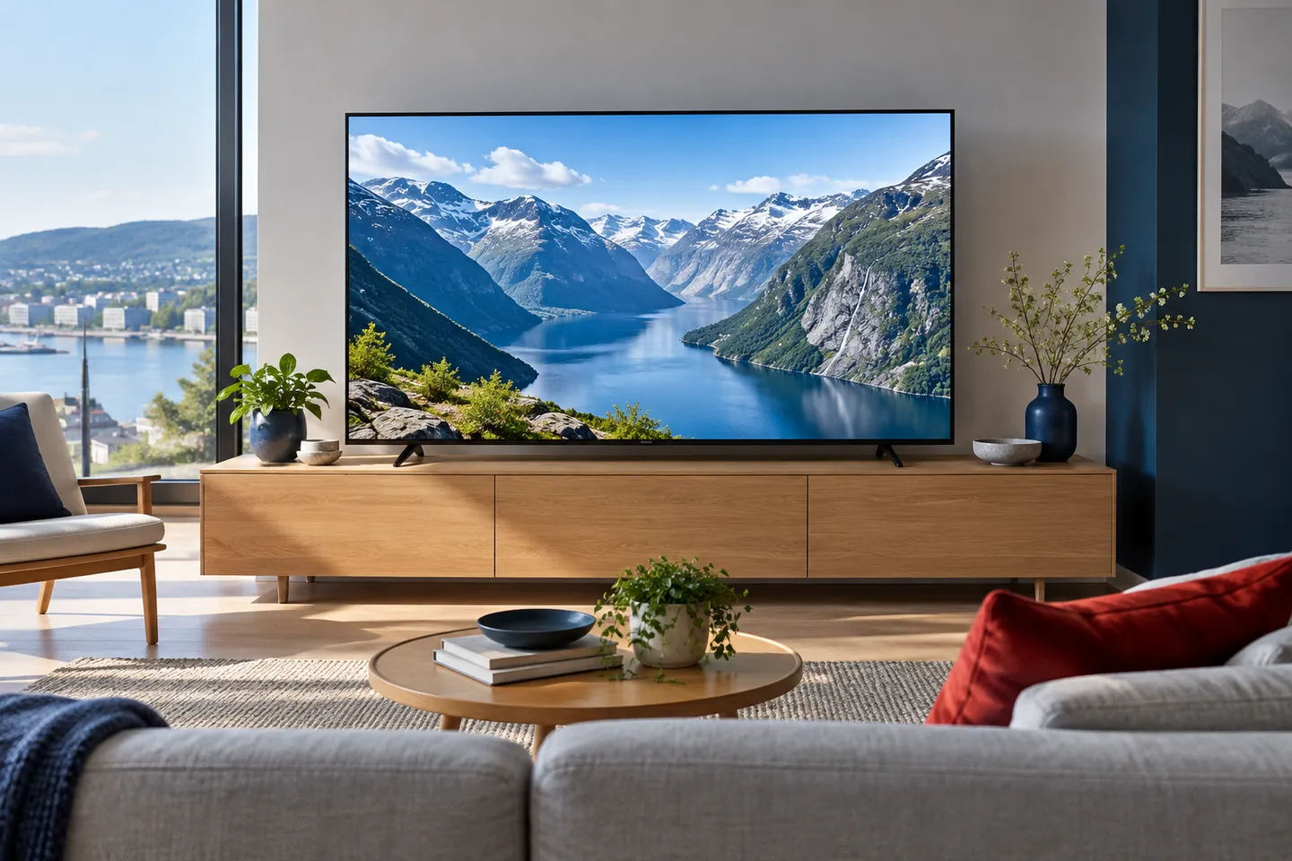 TV med norsk fjordlandskap i en lys stue – illustrasjonsbilde